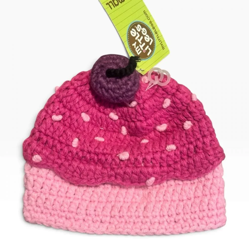 3-Piece Infant/Toddler Knit & Crochet Animal & Cupcake Beanie Hat Lot.